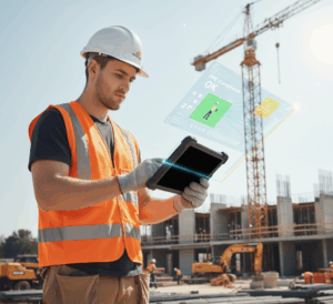 Young construction worker using a rugged tablet to view AI jobsite intelligence data and real-time safety insights 